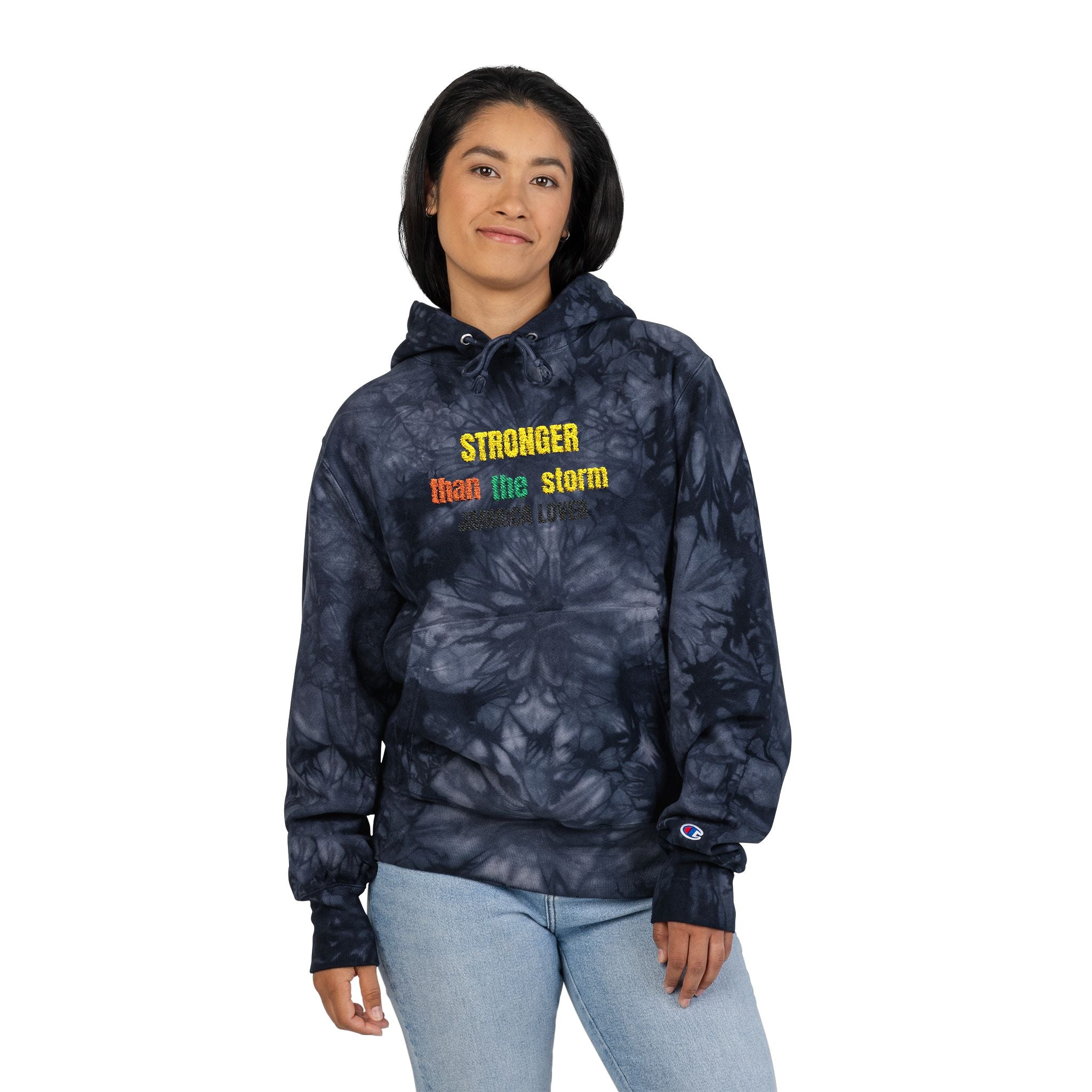 Tie-Dye Hoodie — "Stronger Than He Seems" Embroidered Rasta Text