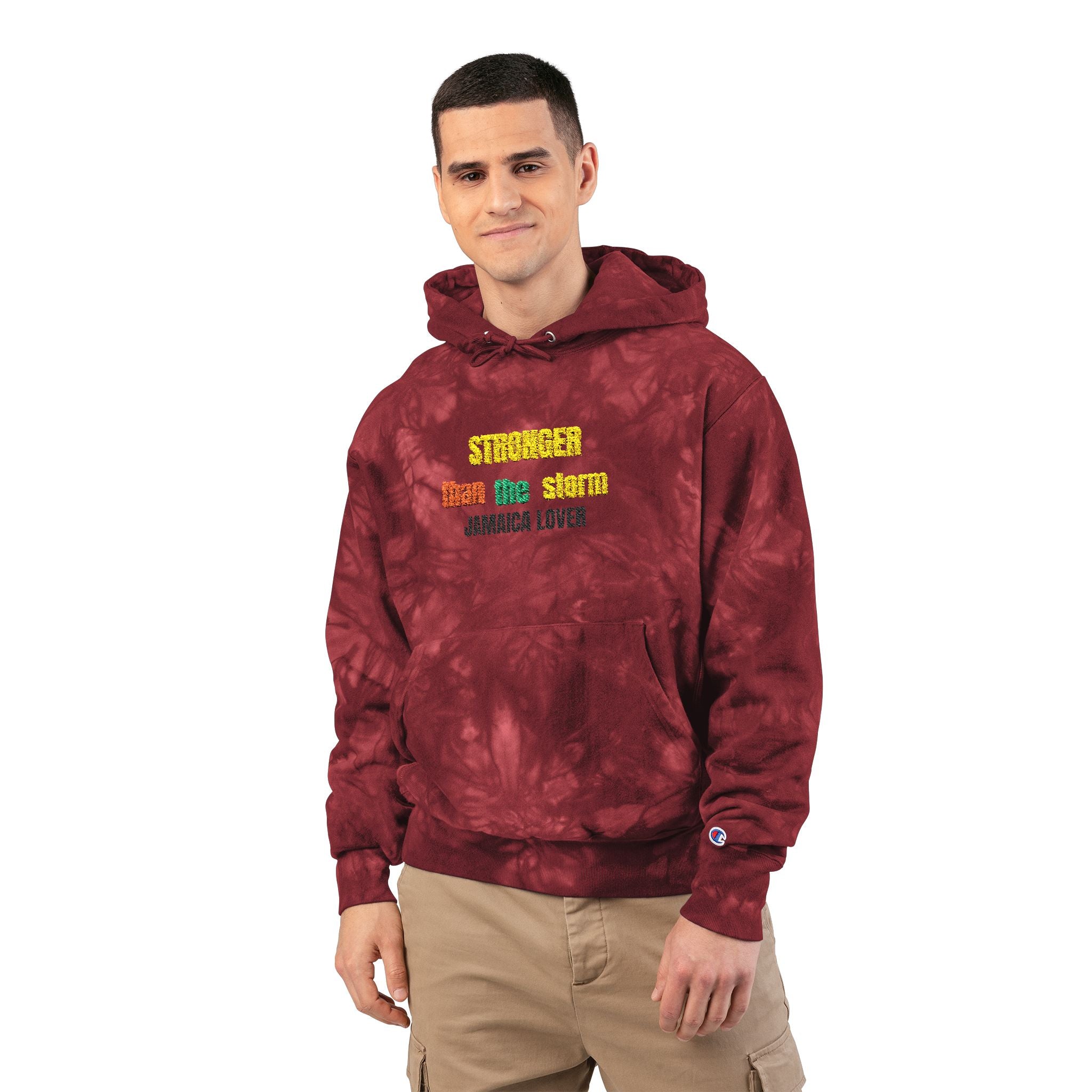 Tie-Dye Hoodie — "Stronger Than He Seems" Embroidered Rasta Text