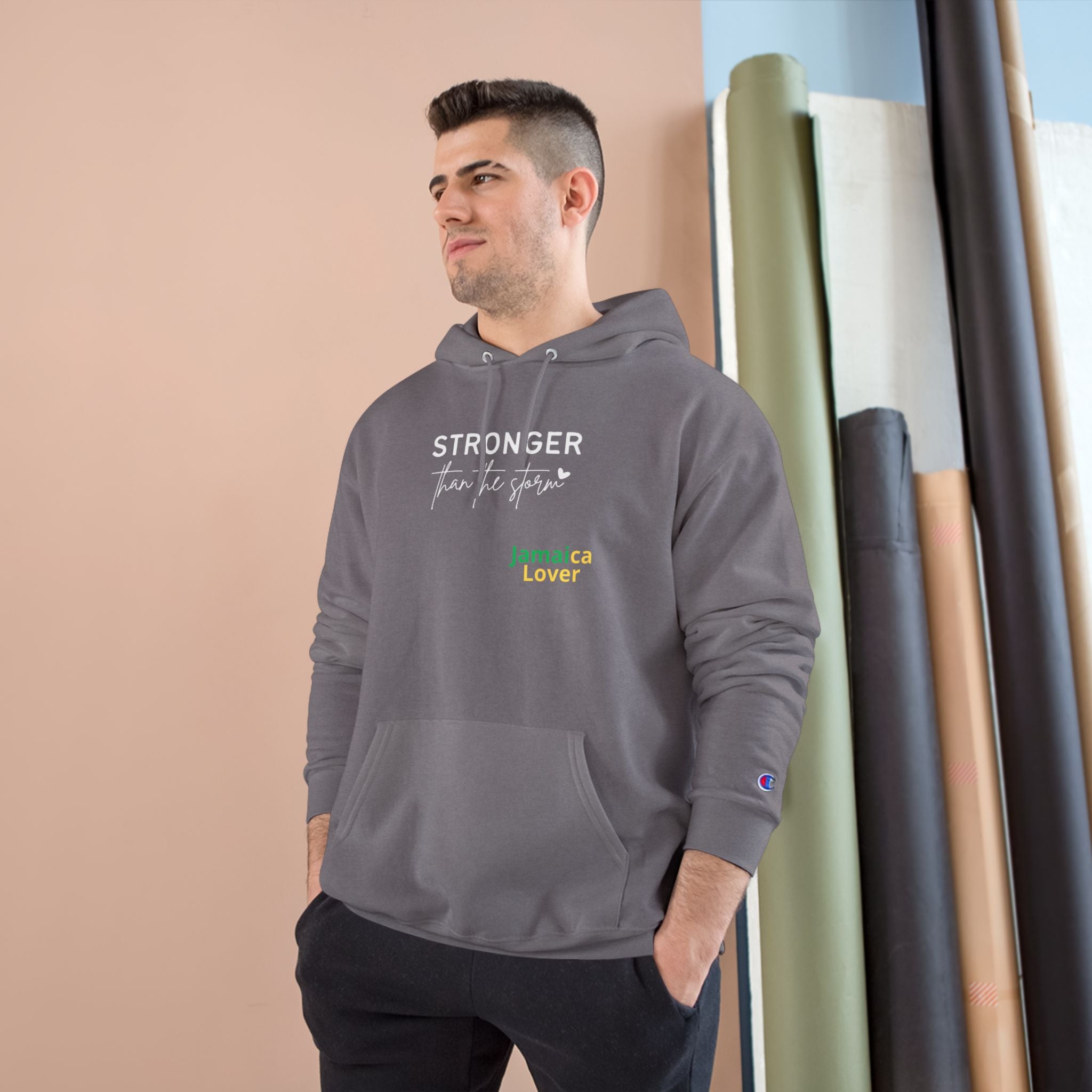 Champion Hoodie — "Stronger Than the Storm" Jamaica Lover Hooded Sweatshirt