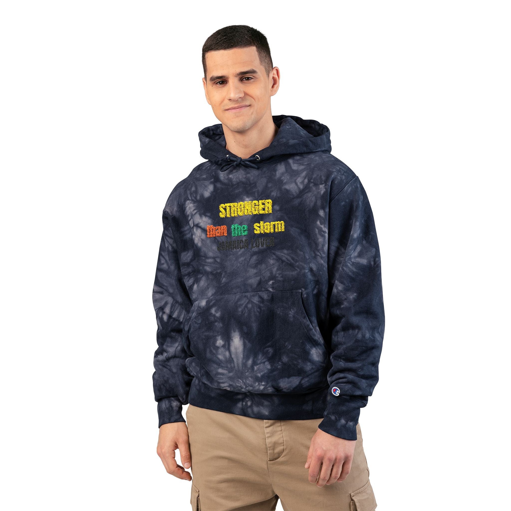 Tie-Dye Hoodie — "Stronger Than He Seems" Embroidered Rasta Text