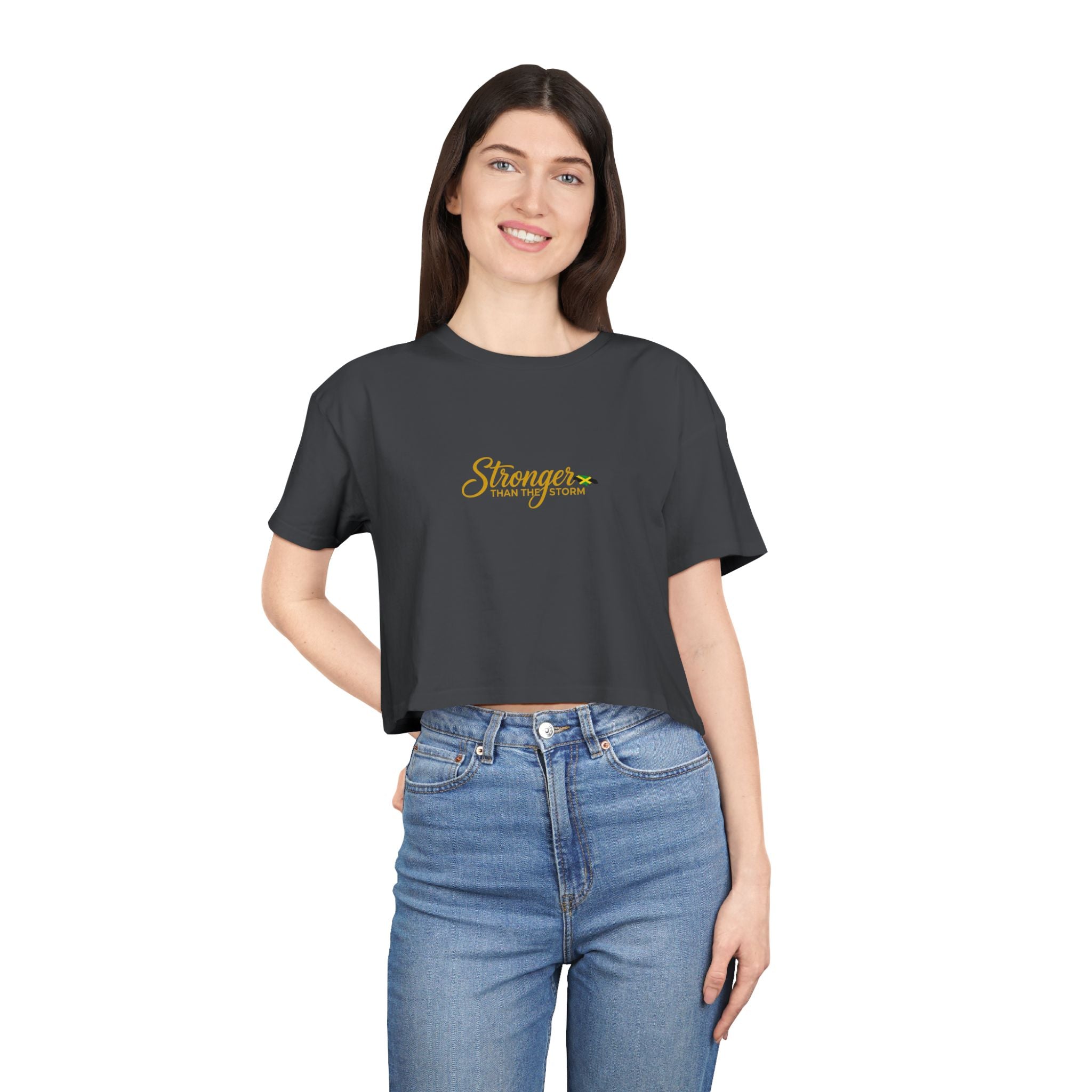 Crop Tee — "Stronger" Motivational Floral Cropped T-Shirt for Women