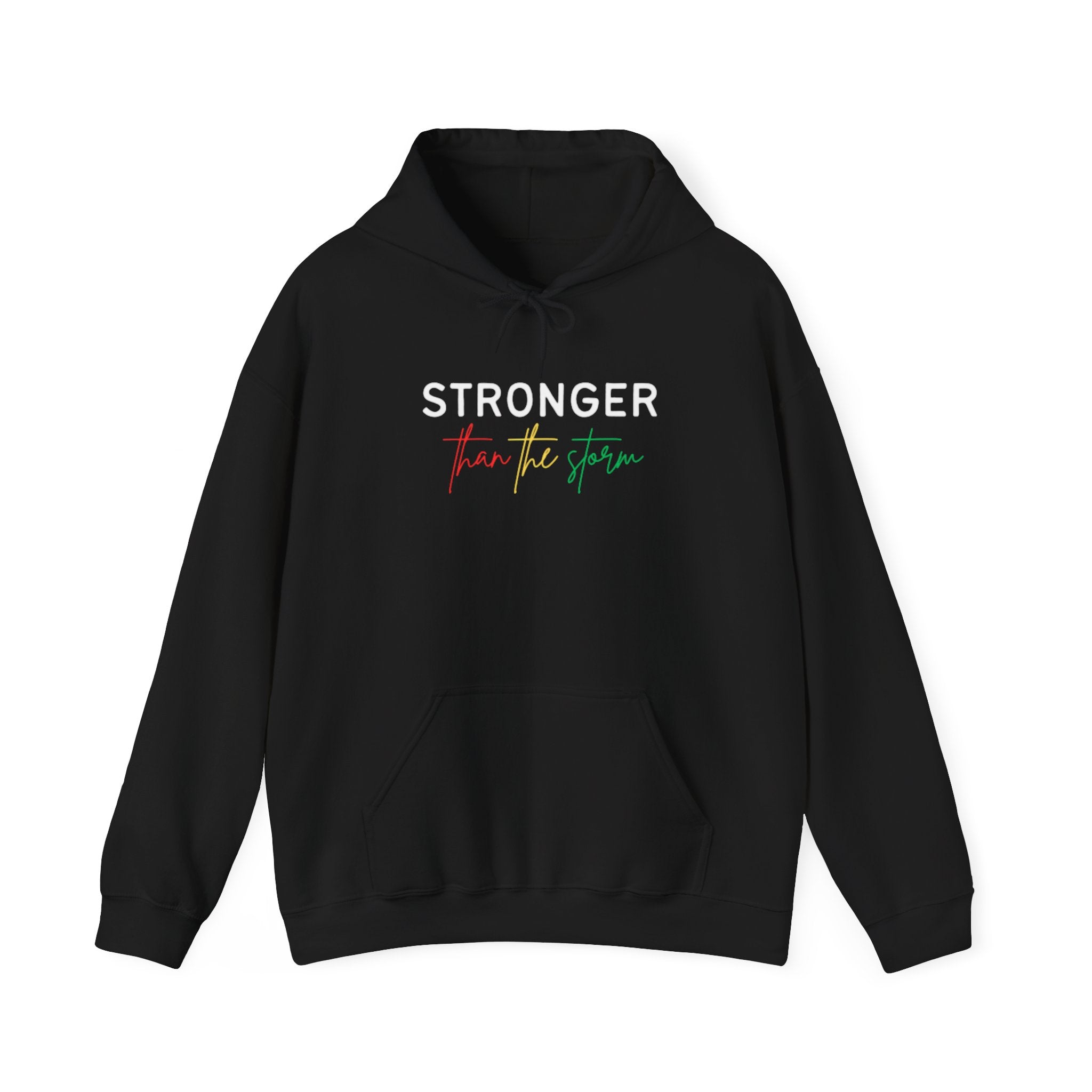 Stronger For The Strain Hoodie – Motivational Black Pullover with Red & Green Script