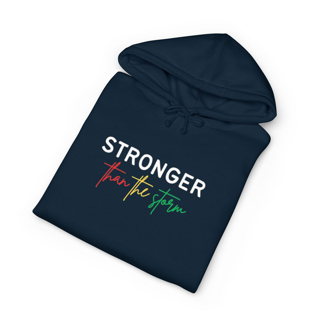 Hoodie — "Stronger Than the Storm" Inspirational Pullover (Rasta Colors)