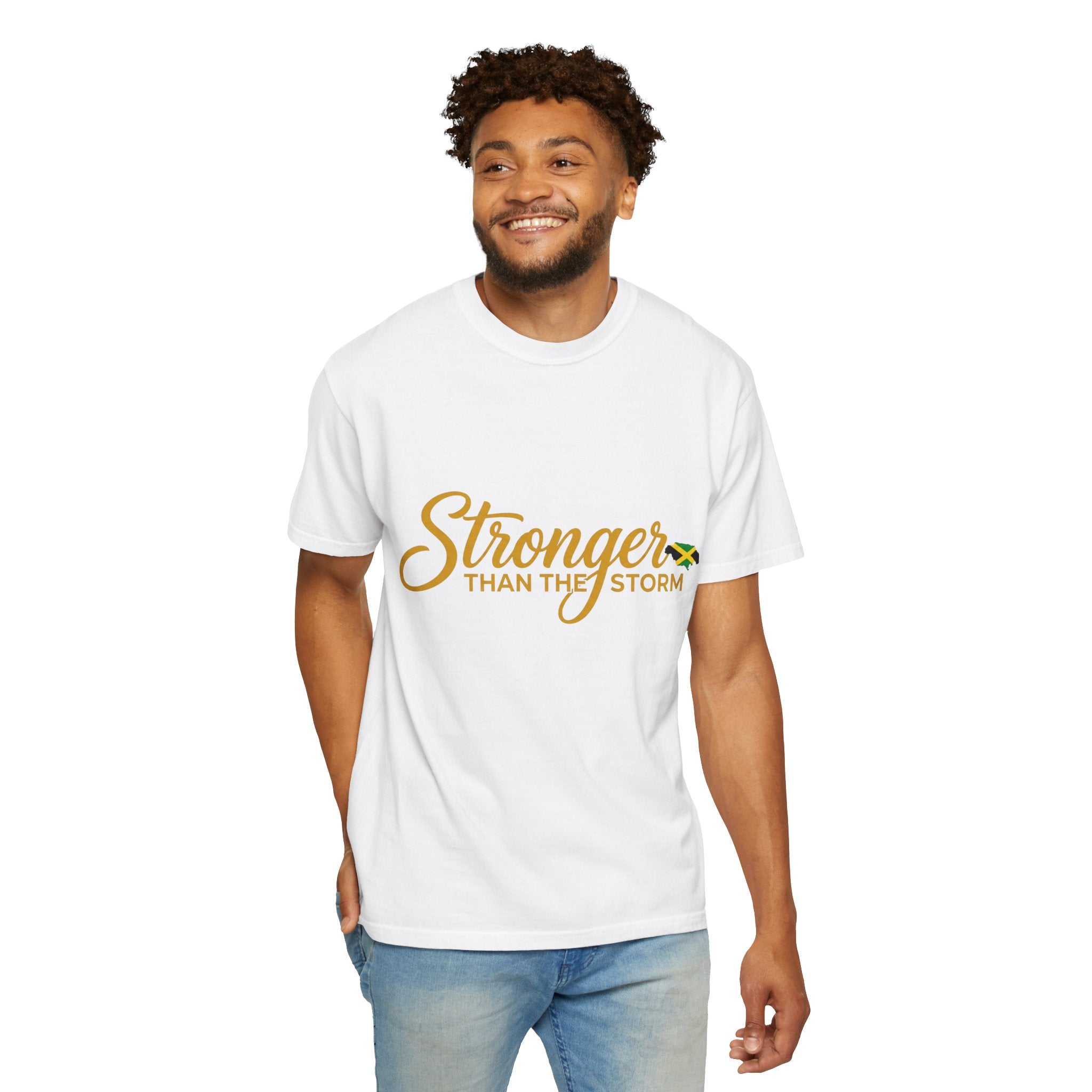 Stronger Than the Storm T-Shirt — Inspirational Jamaican Flag Tee