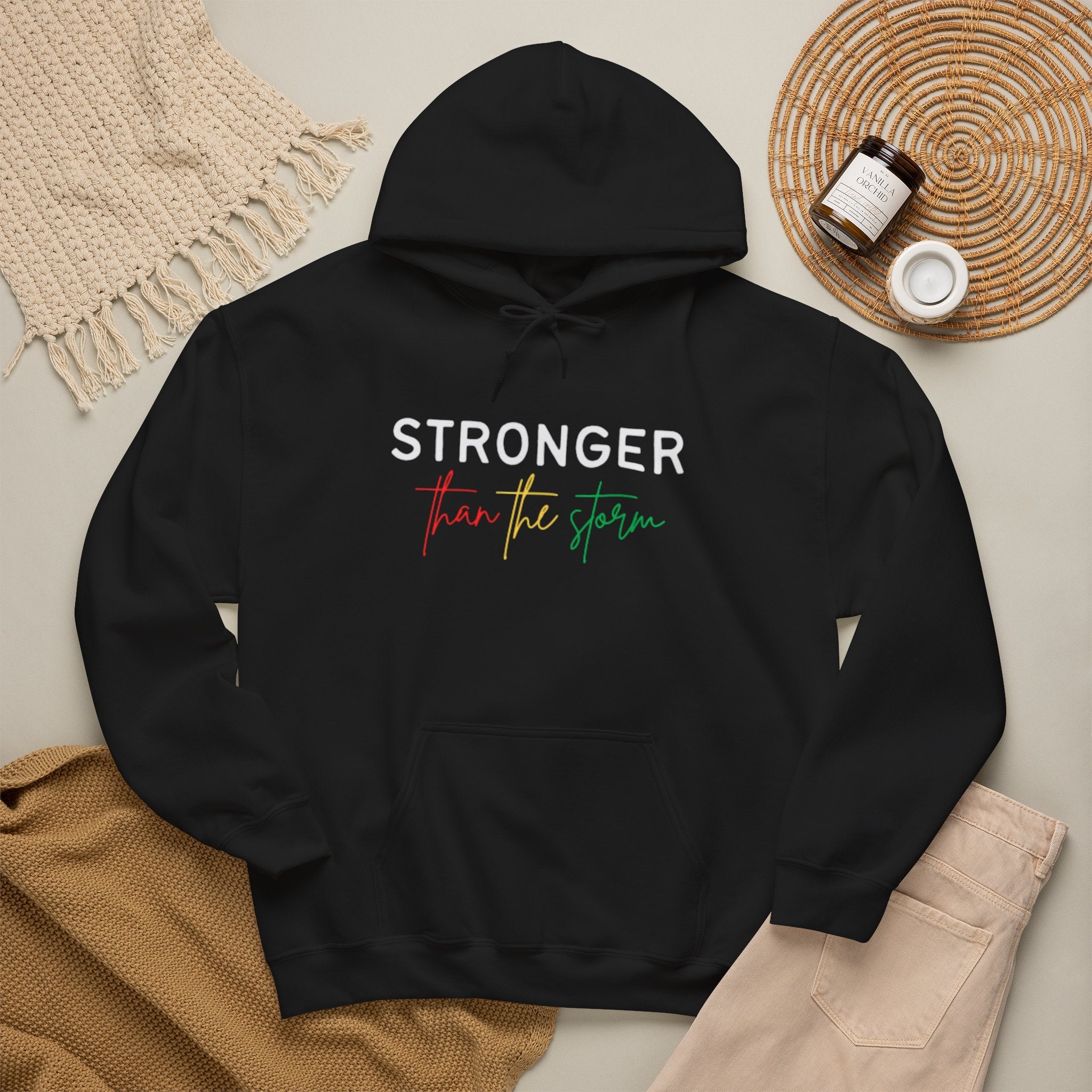 Stronger Than The Storm Hoodie — Inspirational Rasta Script Pullover