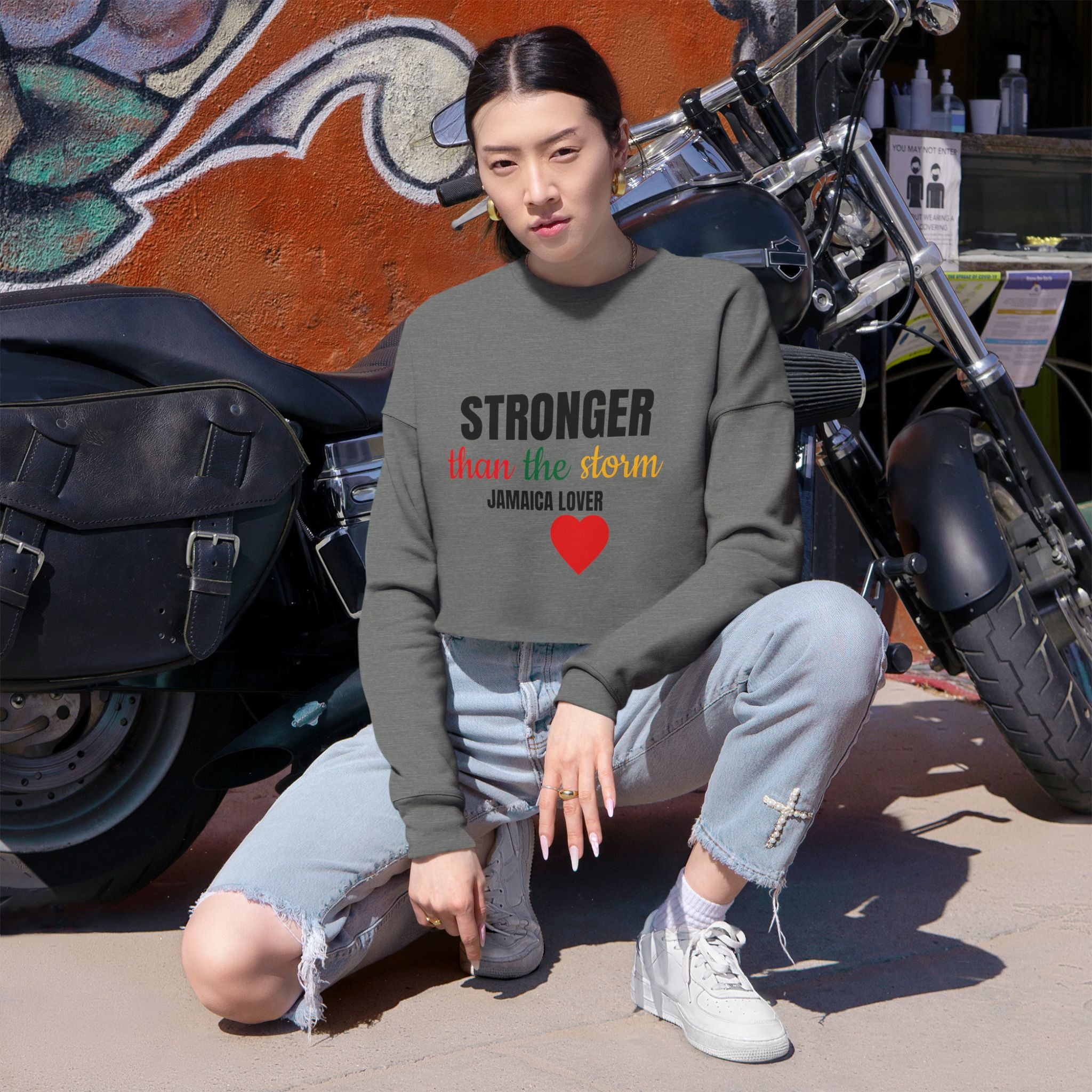 Cropped Sweatshirt — "Stronger than the Storm" Jamaica Lover Heart