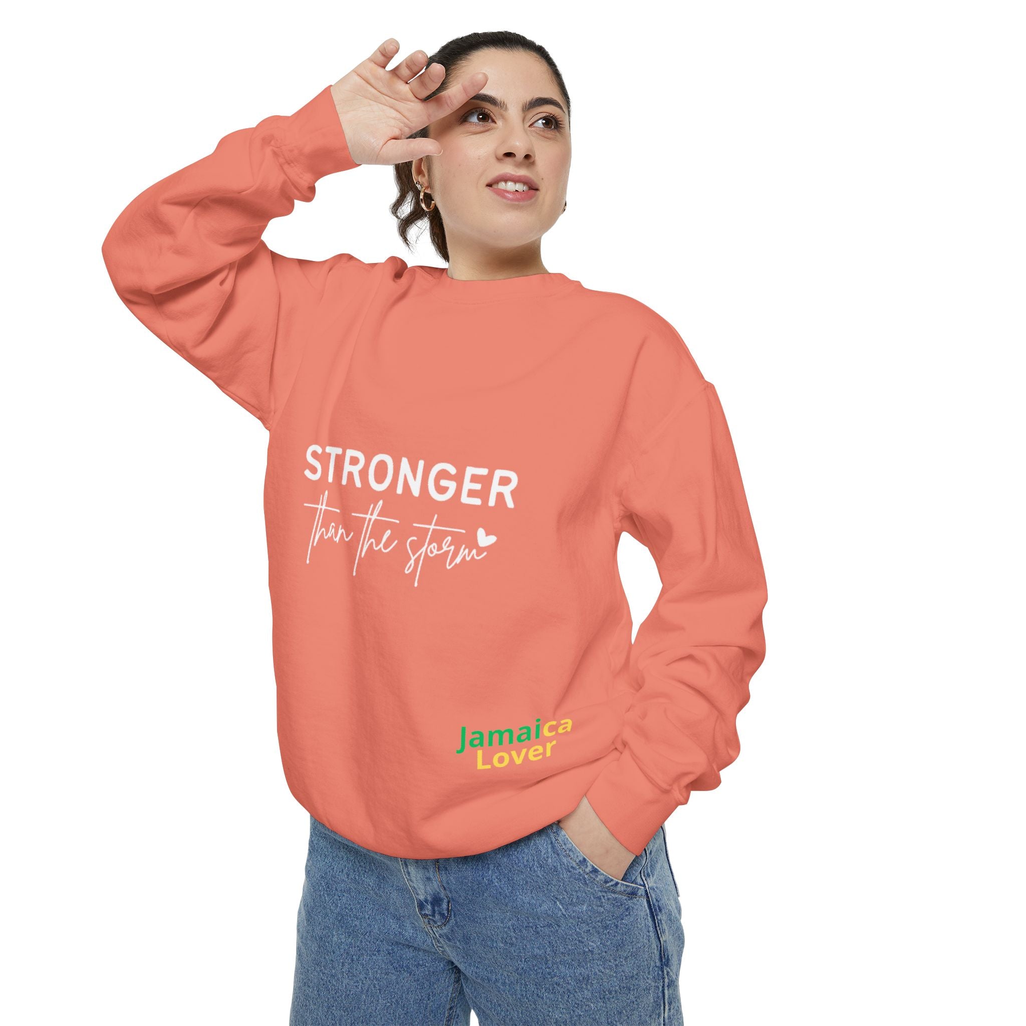 Stronger Than the Storm Sweatshirt — Inspirational Crewneck for Jamaica Lover
