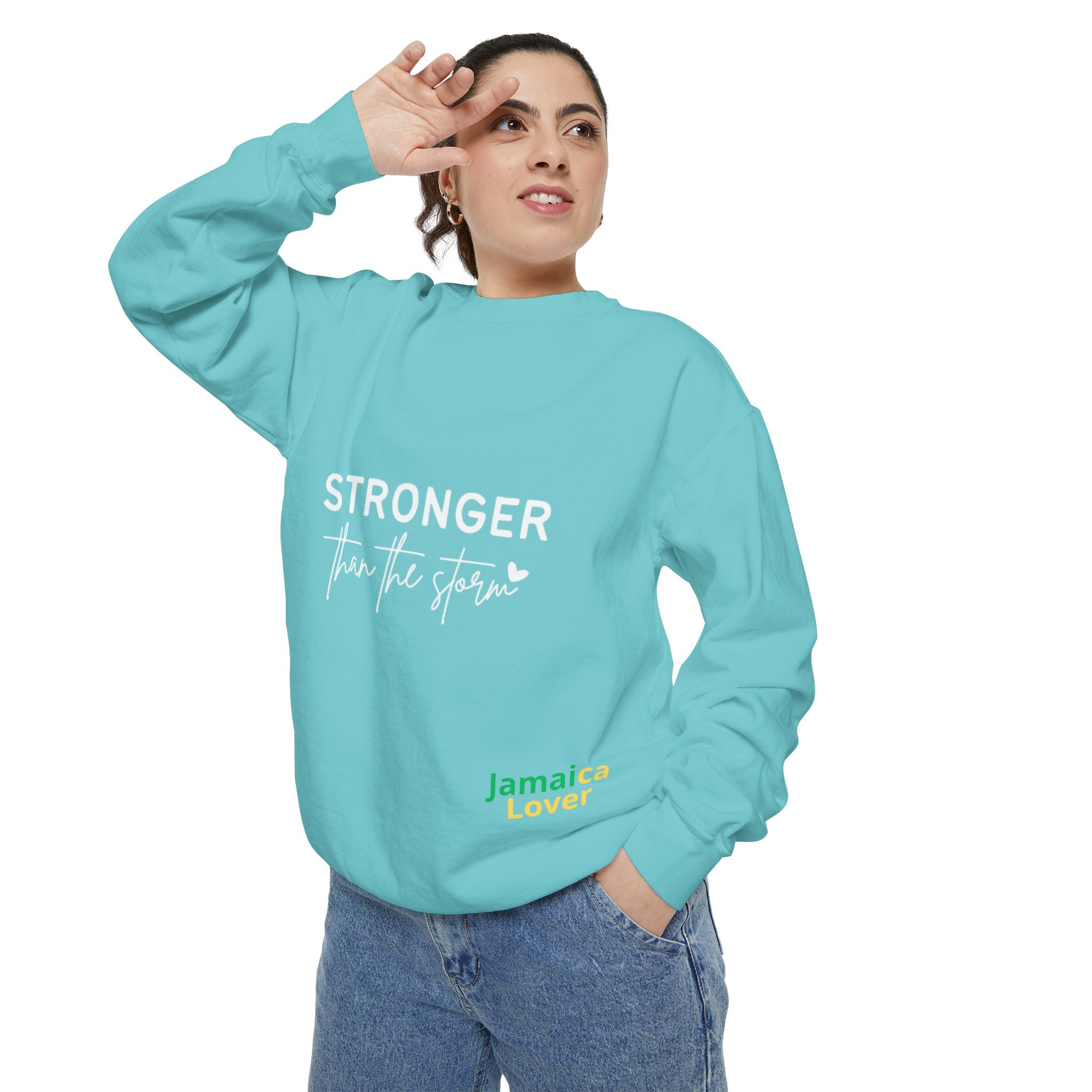 Stronger Than the Storm Sweatshirt — Inspirational Crewneck for Jamaica Lover