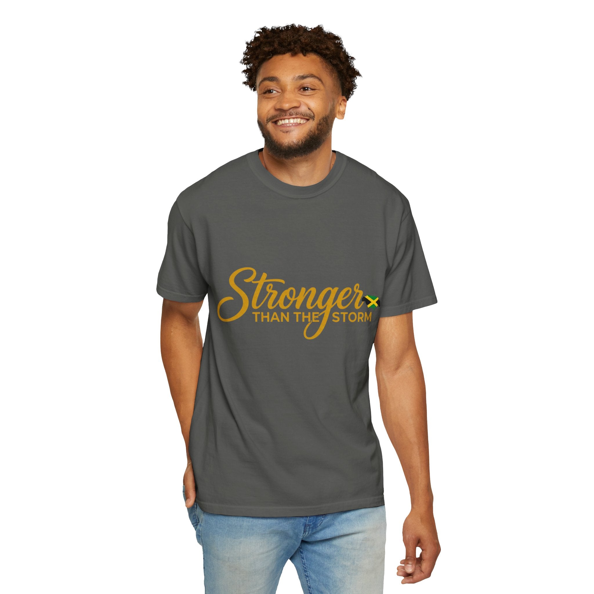 Stronger Than the Storm T-Shirt — Inspirational Jamaican Flag Tee