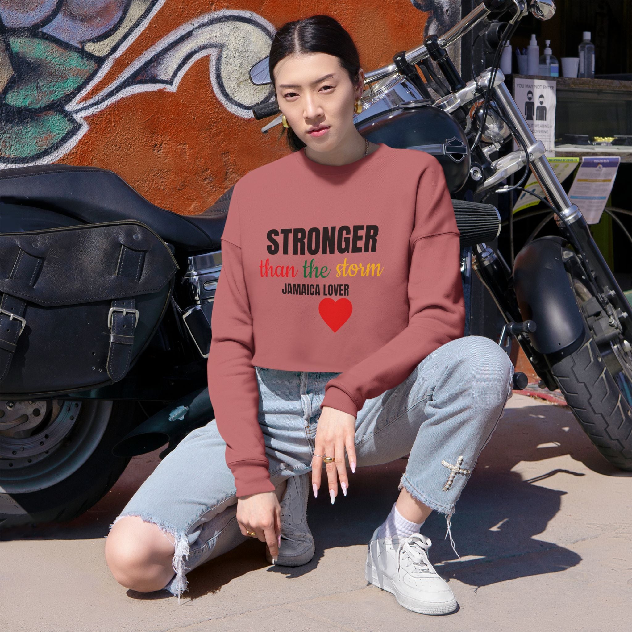 Cropped Sweatshirt — "Stronger than the Storm" Jamaica Lover Heart