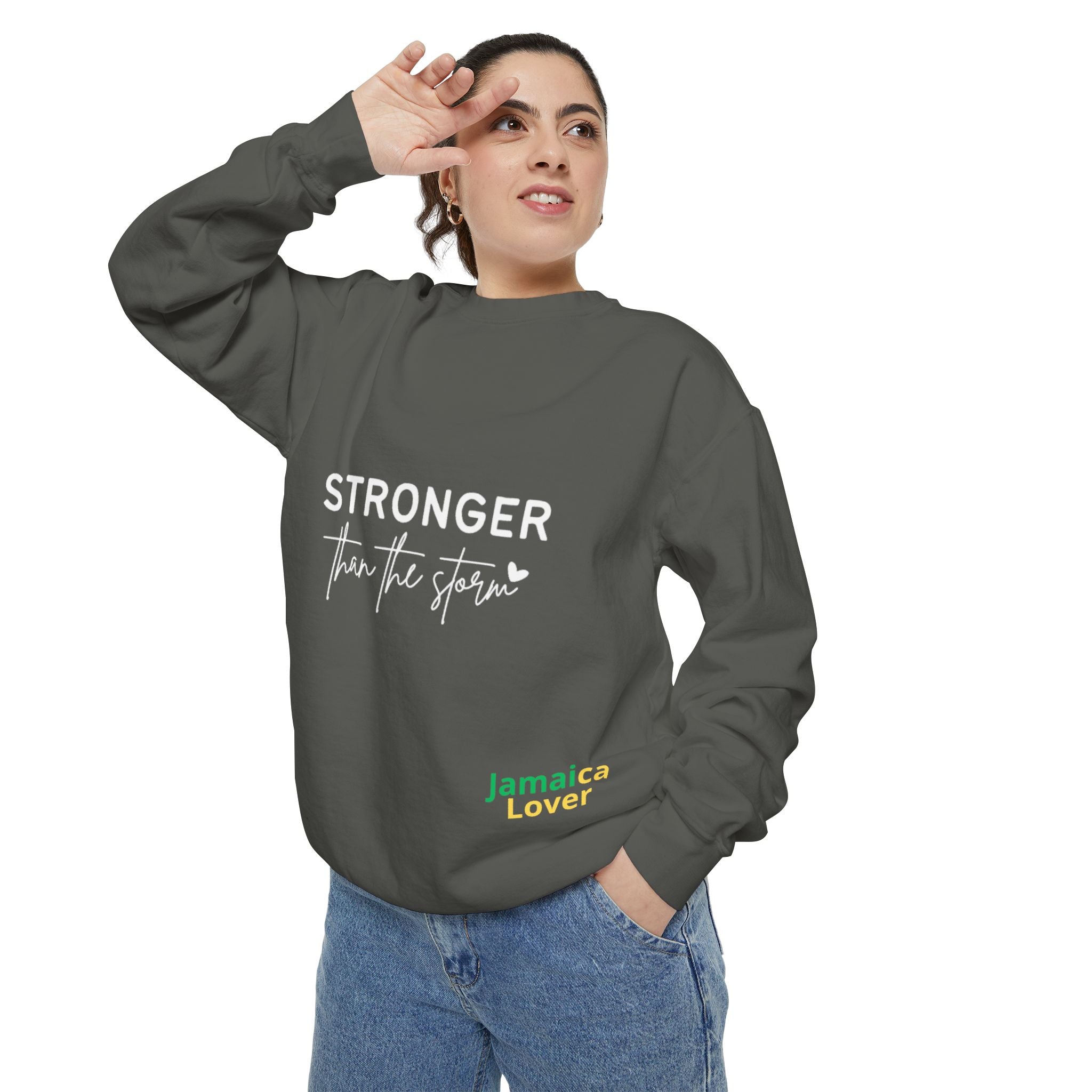Stronger Than the Storm Sweatshirt — Inspirational Crewneck for Jamaica Lover