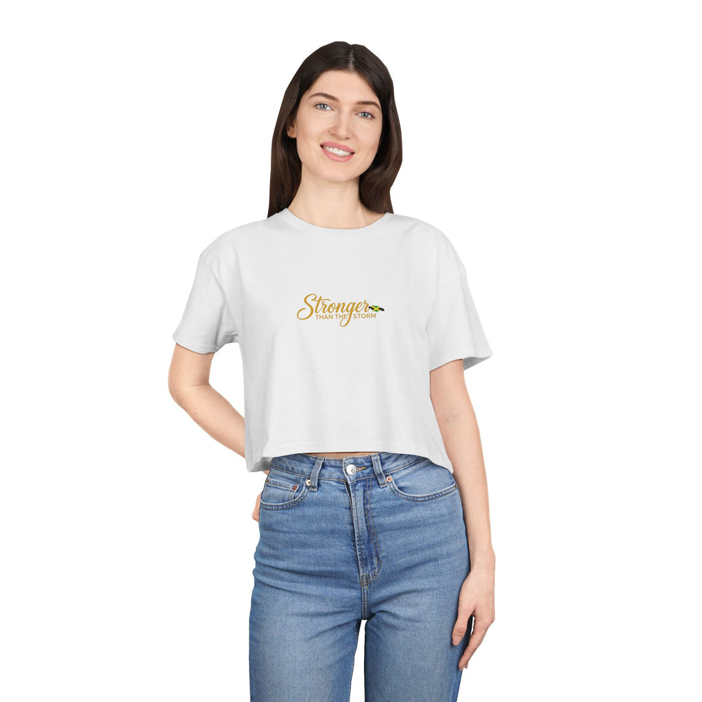 Crop Tee — "Stronger" Motivational Floral Cropped T-Shirt for Women