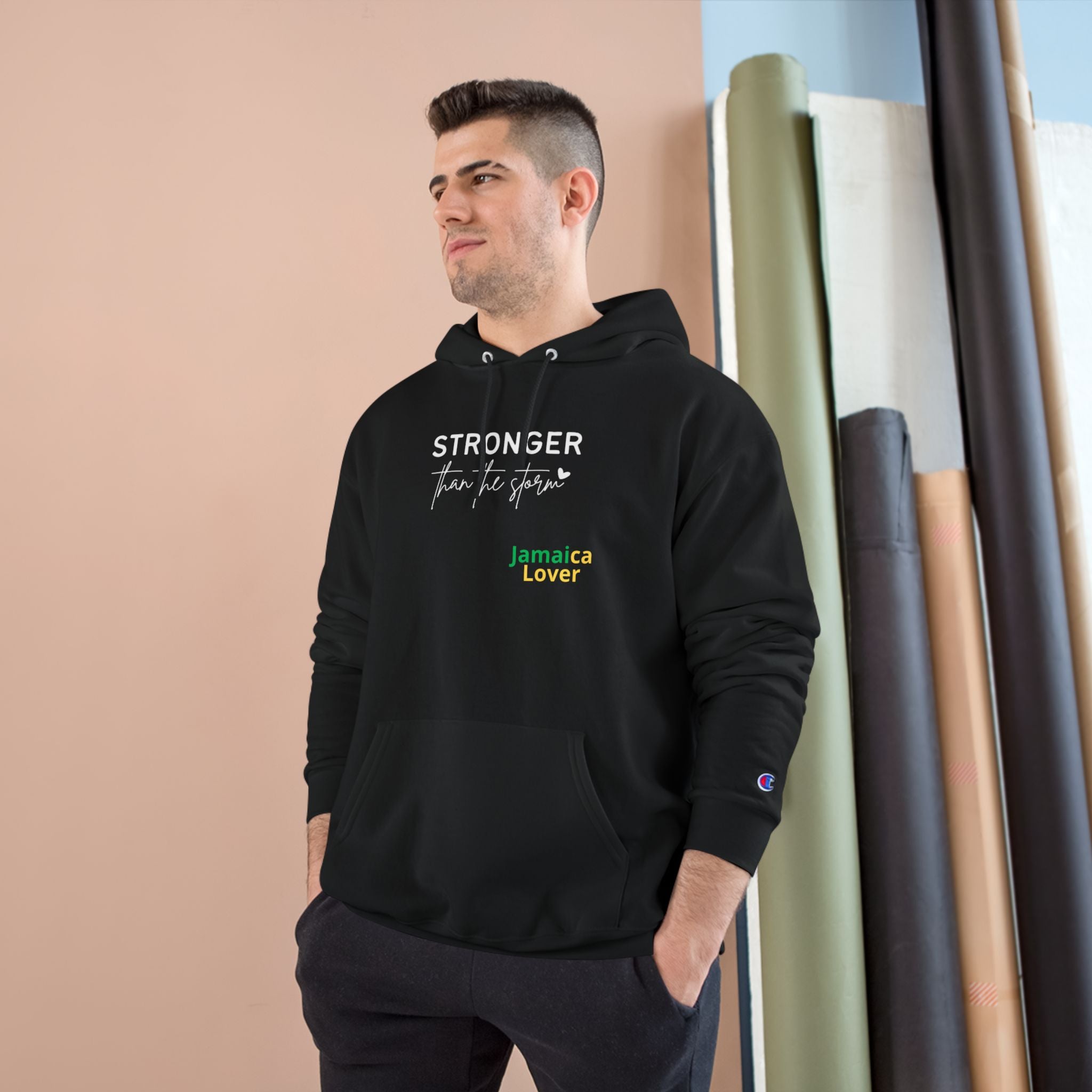 Champion Hoodie — "Stronger Than the Storm" Jamaica Lover Hooded Sweatshirt