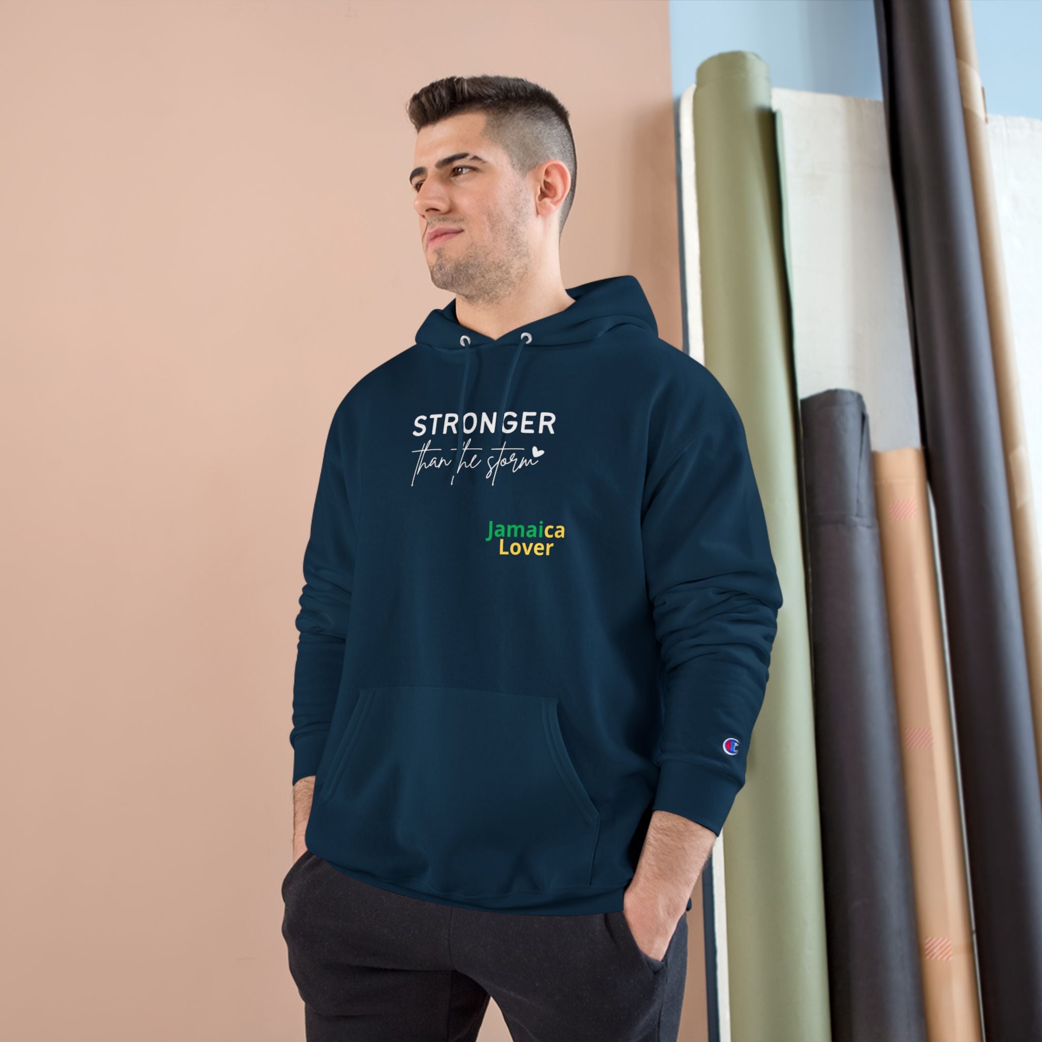 Champion Hoodie — "Stronger Than the Storm" Jamaica Lover Hooded Sweatshirt
