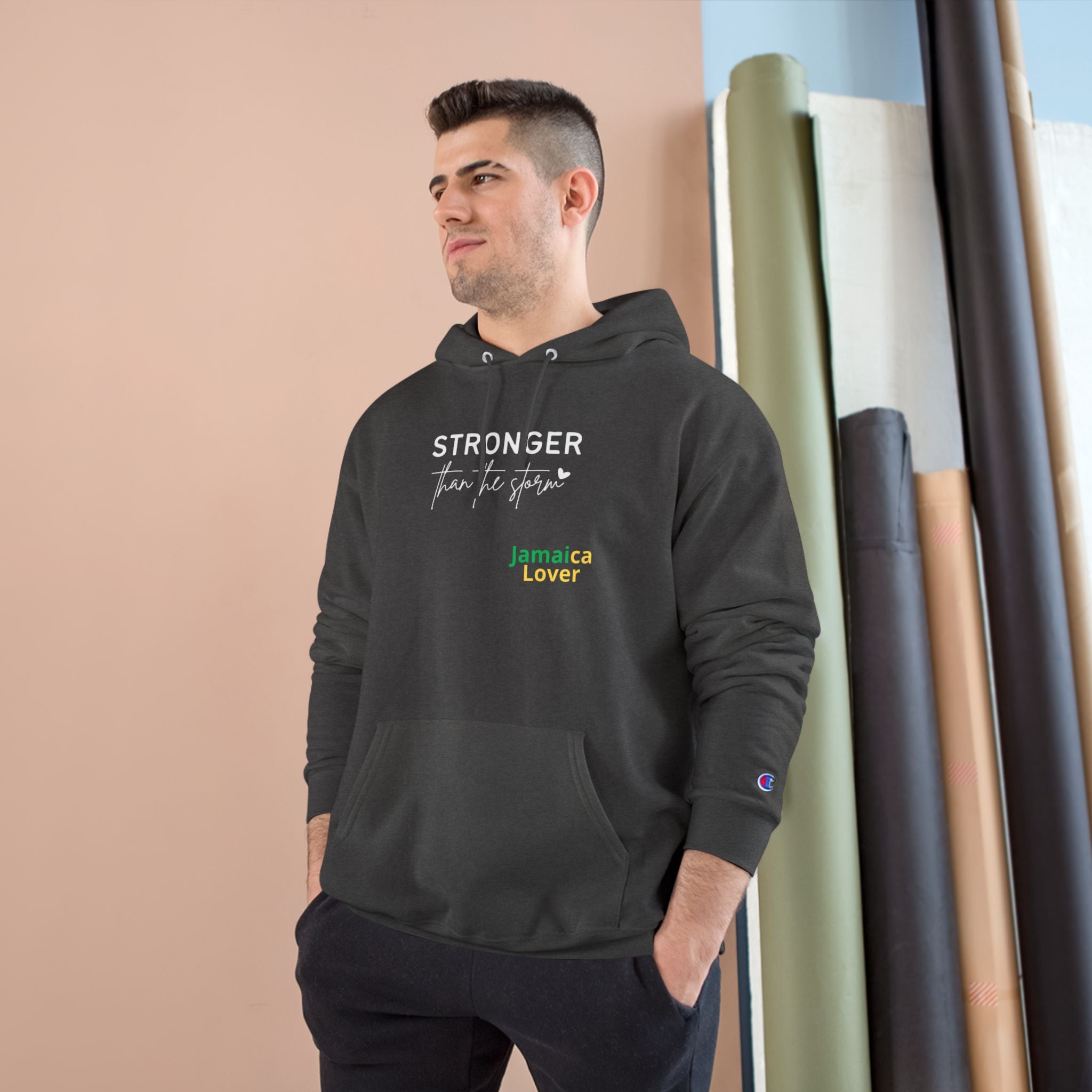 Champion Hoodie — "Stronger Than the Storm" Jamaica Lover Hooded Sweatshirt