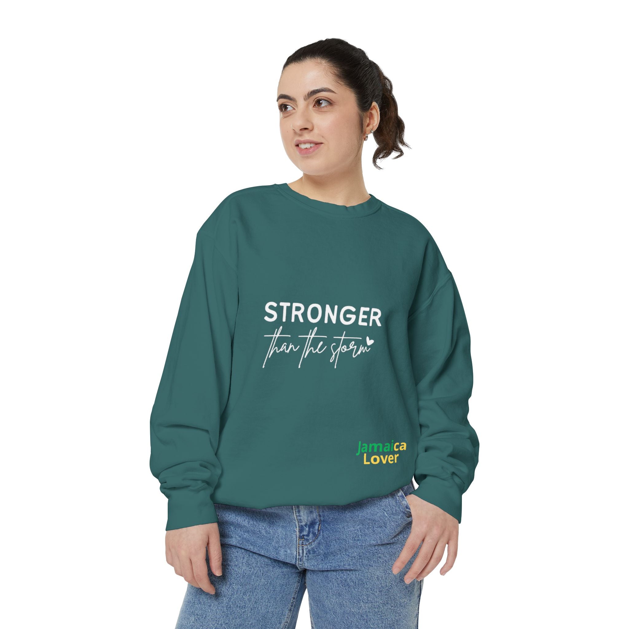 Stronger Than the Storm Sweatshirt — Inspirational Crewneck for Jamaica Lover