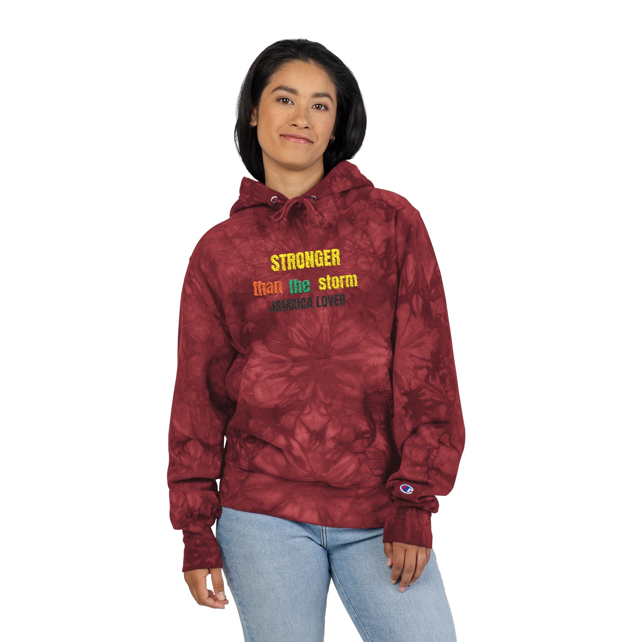 Tie-Dye Hoodie — "Stronger Than He Seems" Embroidered Rasta Text