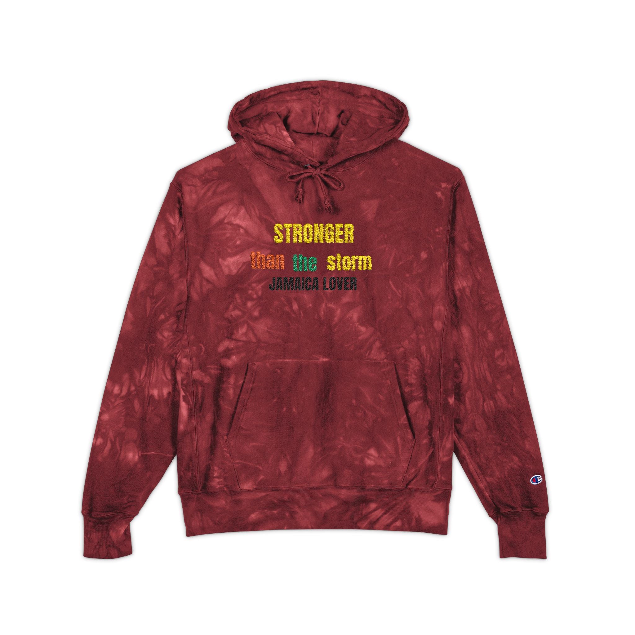 Tie-Dye Hoodie — "Stronger Than He Seems" Embroidered Rasta Text