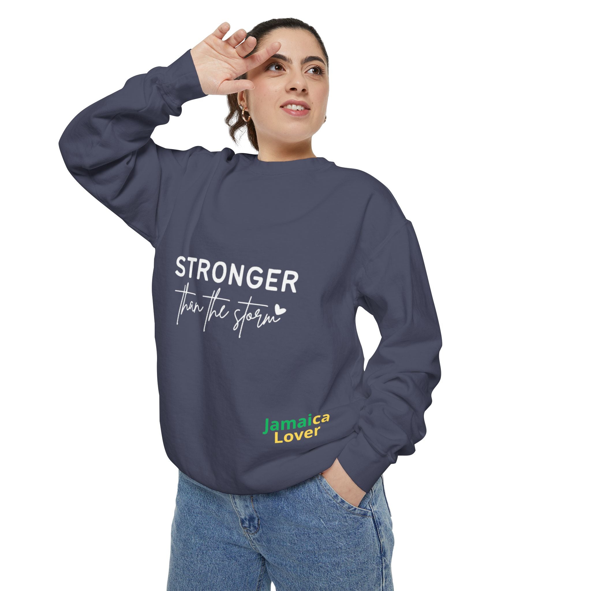 Stronger Than the Storm Sweatshirt — Inspirational Crewneck for Jamaica Lover